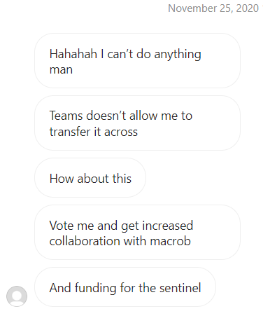 Instagram messages by an election candidate from 25 November 2020, saying "Vote me and get ... funding for the sentinel"